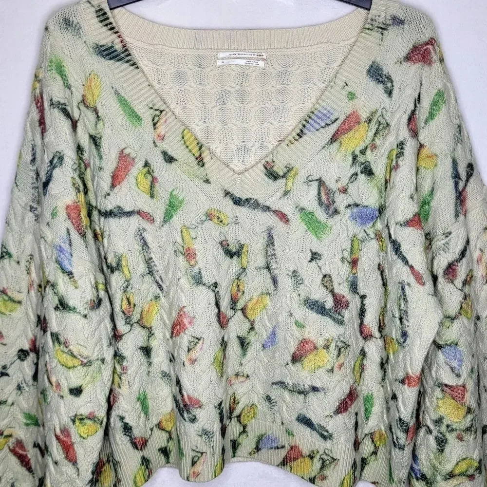 Anthropologie Catch of the Day Cable Knit Lambswool Sweater‎ Size XL